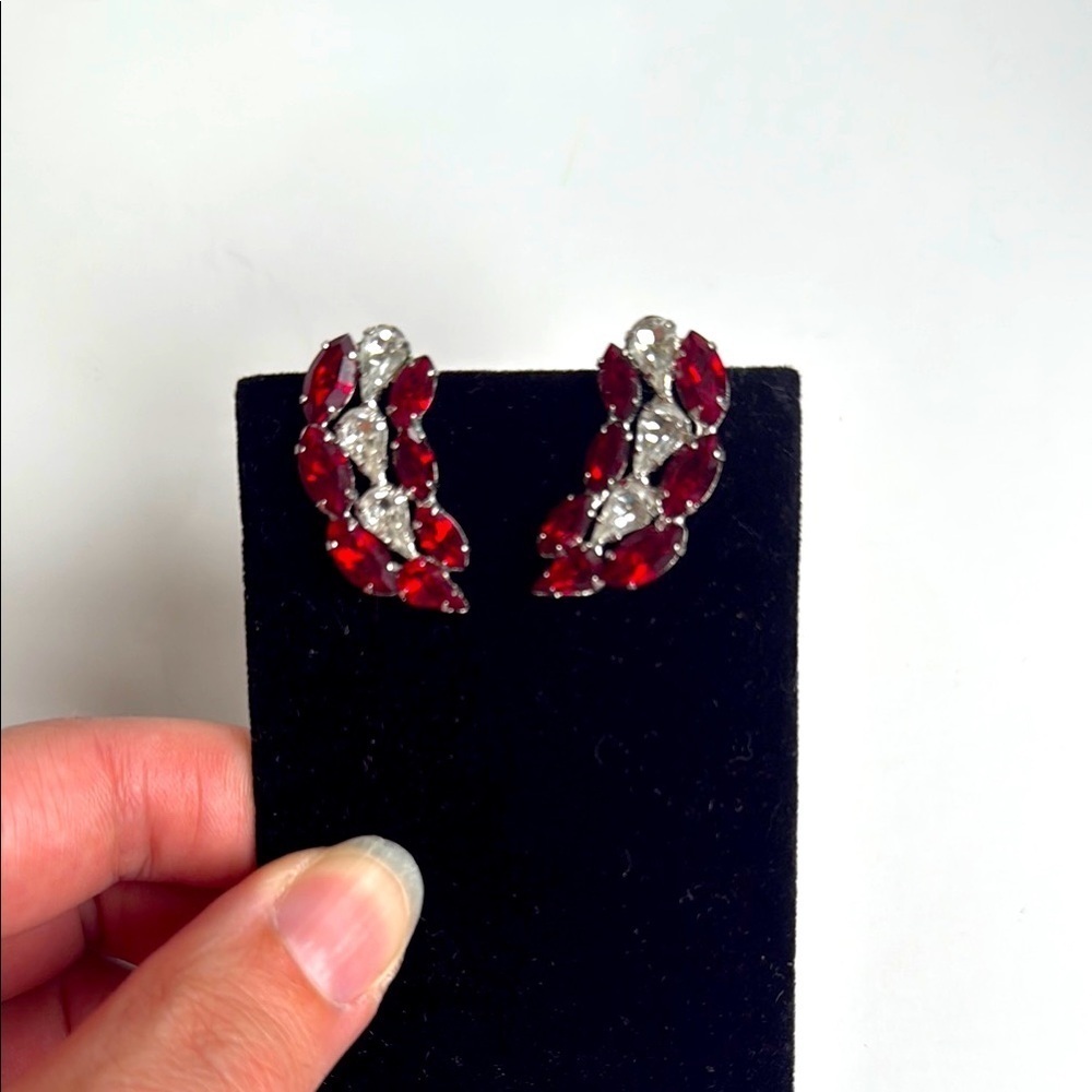 B David Antique Stamped Elegant Red and Silver Rhinestone Clip on Earrings